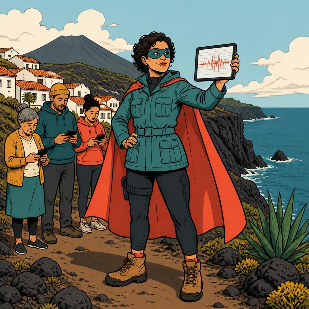 Atlantic Sentinel, a masked hero in a teal field jacket and coral cape, holds up a tablet showing a seismograph on a volcanic Atlantic coast while villagers check alerts on their phones.