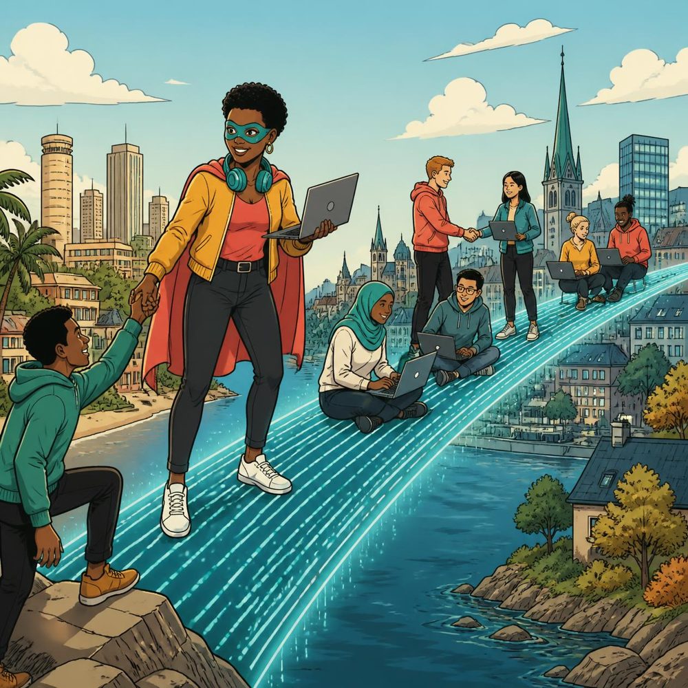 Captain Connect, a Black woman hero in a teal mask, mustard jacket and coral cape, holds a laptop and helps a young man step onto a glowing bridge of code linking an African city to a Baltic old town, where a diverse team of developers works together.
