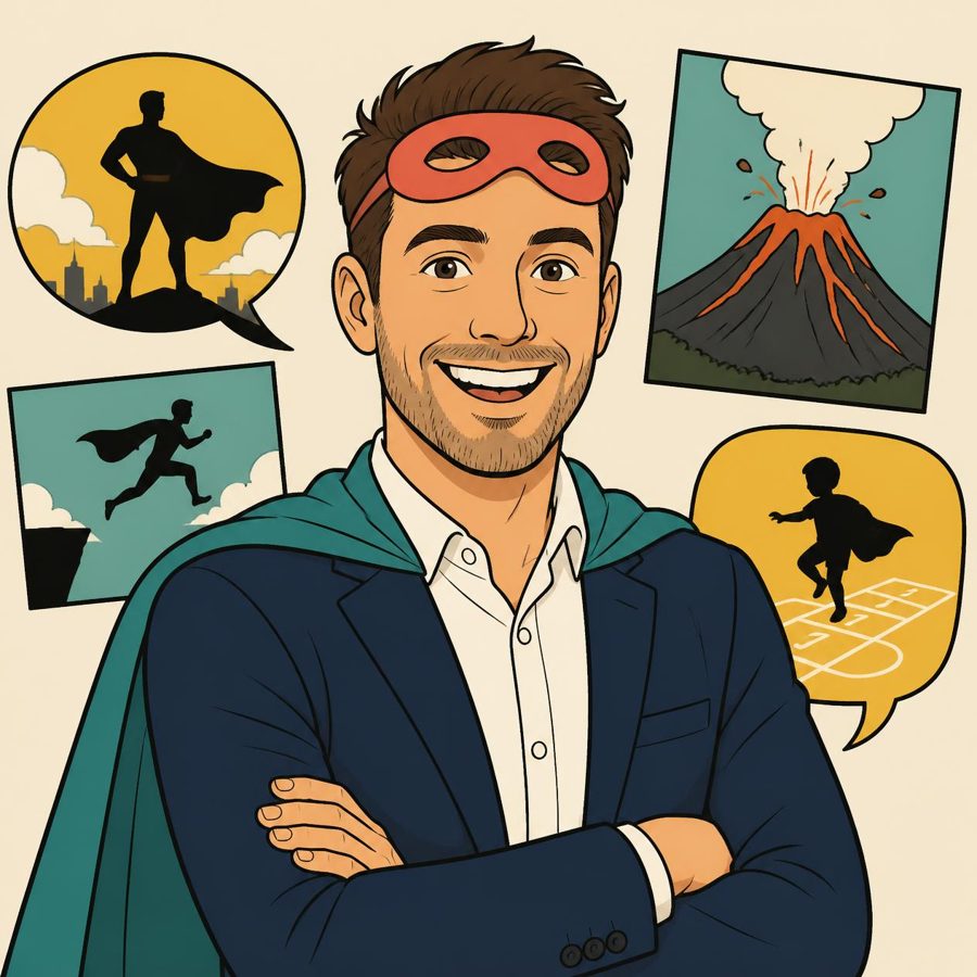 Kevin Carroza drawn as a clean-line comic superhero