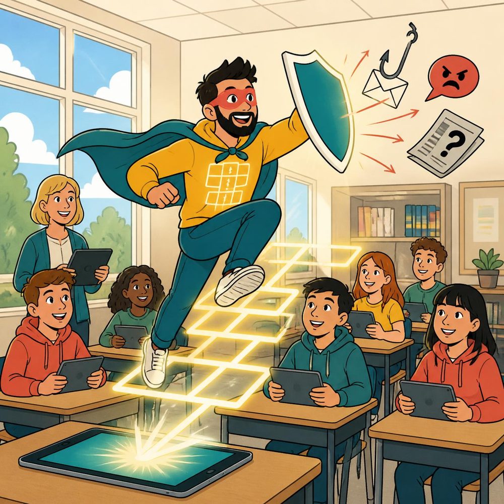 Pixel Shield, a masked hero in a mustard hoodie and teal cape, leaps along a glowing hopscotch grid rising from a tablet, blocking a phishing hook, an angry speech bubble and a fake newspaper with his shield while smiling students watch.